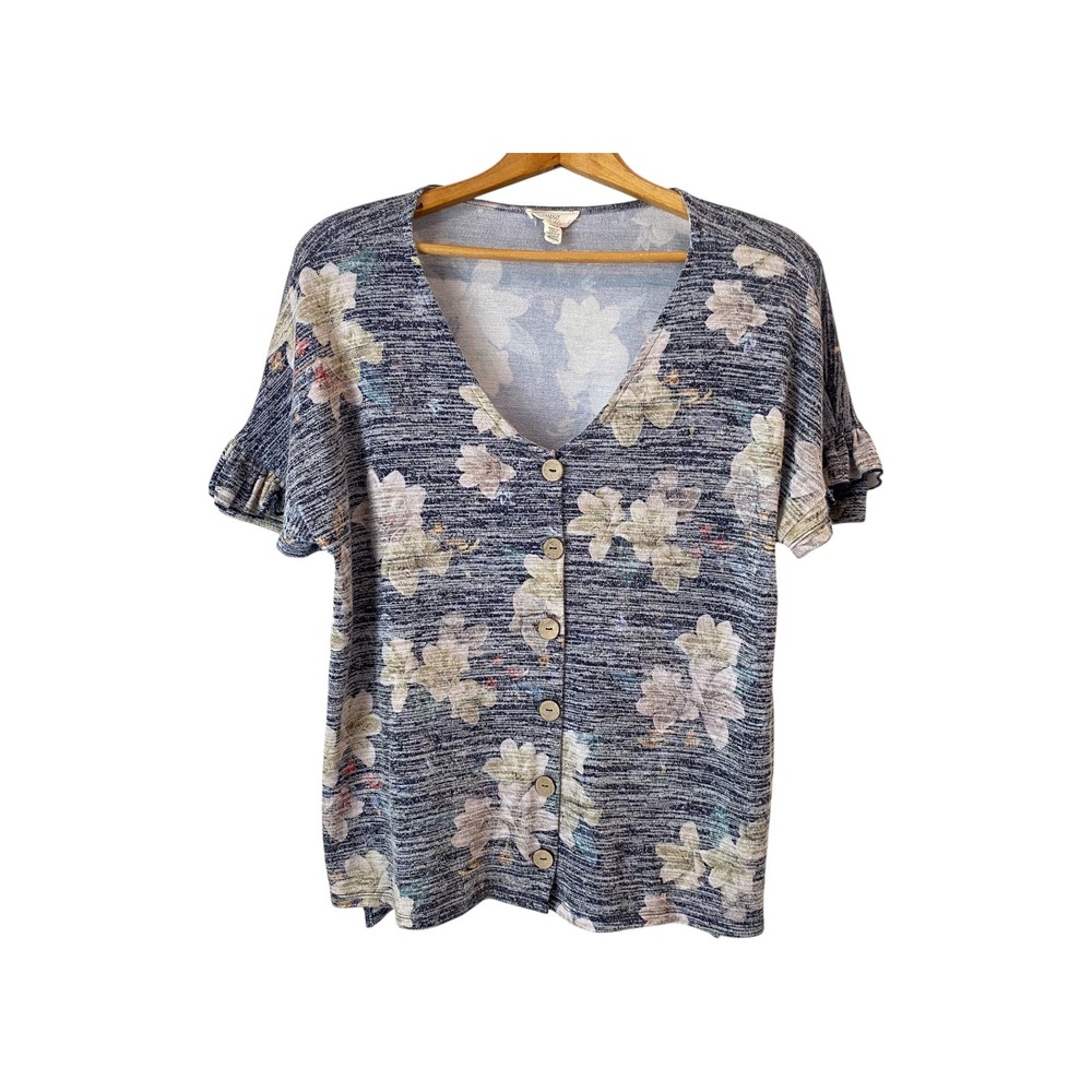 Cupio Floral Button Down Top Ruffle Short Sleeve V-Neck Blue Large